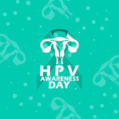 HPV Awareness Day event banner. An ovary with viruses, ribbon and bold text on turquoise background to commemorate on March 4