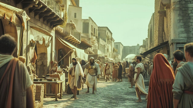 Ancient Rome street scene, with ancient Romans walking around © Adrian Grosu