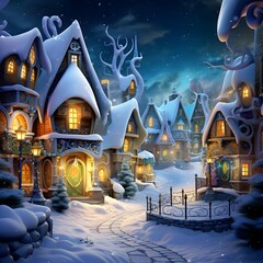 Illustration of a winter fairy-tale village at night with snow