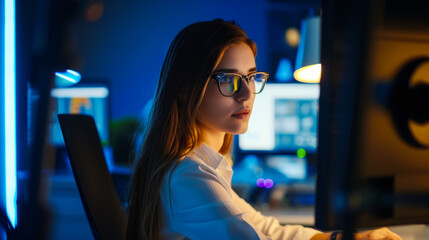 Young woman programmer in the company office, work in the IT industry, opportunity for development and self-realization, bright neon lights in the office