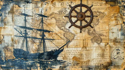 Fototapeta na wymiar Nautical vintage map, captain's log or ephemera with drawings and writing on it