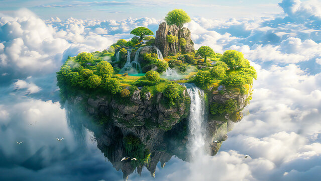 A beautiful green isle floating among clouds
