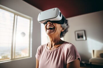 Senior woman laughing with VR headset at home