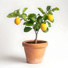 Vibrant lemon tree in terracotta pot on white backdrop. perfect for home decor and gardening enthusiasts. freshness and nature theme. AI