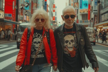 aged couple crossing the street, leather jacket, face tattoed, modern haircut