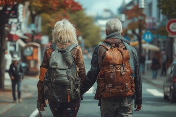aged couple crossing the street, leather jacket, face tattoed, modern haircut - obrazy, fototapety, plakaty