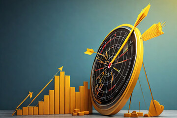 Dartboard with arrow on a rising bar graph, symbolizing enhanced business objectives, targets, and goals. 3D render for a conceptual and dynamic visual. - obrazy, fototapety, plakaty