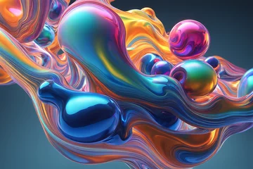 Deurstickers 3d image of fluid abstract floating objects with holographic colors © Arif