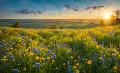 Fotobehang Sunny spring field: Vibrant flowers under the sun © karandaev