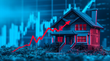 Rising house sales graph chart financial concept, hart rising up on stack coins and house model, Concept of money management for mortgage loan, fed increase interest rate, real estate price, increase.