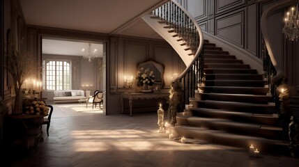 interior of a luxury house with a beautiful staircase and a fireplace
