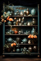 Vintage kitchen cabinet with flowers and candlesticks on dark background