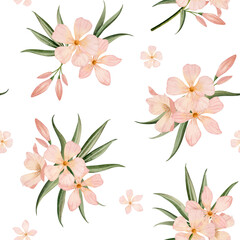 Fototapeta na wymiar Floral seamless pattern with watercolor tropical oleander flowers and leaves on white background in peach pink pastel color