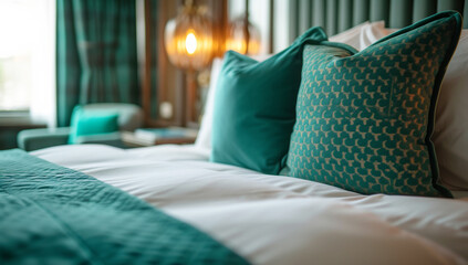Luxury Hotel Bedroom Detailing.
Close-up of an opulent hotel bed with turquoise pillows and patterned throw.