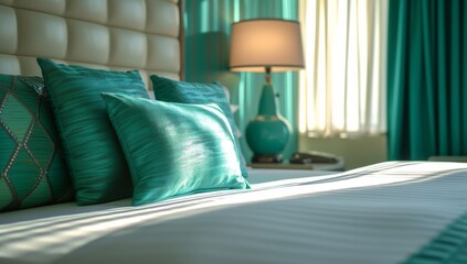 Fototapeta na wymiar Modern Hotel Room with Designer Bedding. A modern hotel bedroom showcasing a designer bed with teal and white color scheme.