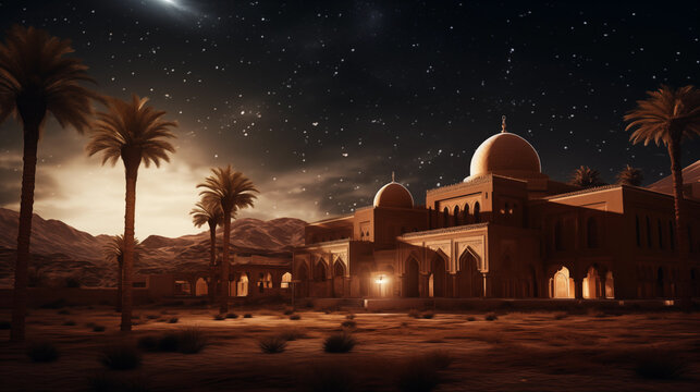 Islamic mosque background with copy space area. An Islamic background with a mosque object is suitable for Ramadan events or Islamic celebrations.