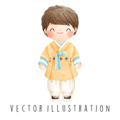 Travel To Korea Collection, Watercolor of Korean Boy, Vector Illustration