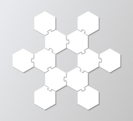 Puzzle hexagonal grid. Jigsaw business chain infographic. Hexagon puzzle infographics with 12 pieces.