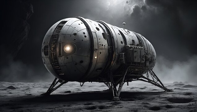 In the hauntingly noir-inspired image of an eerie moon module, a sense of mystery permeates the scene