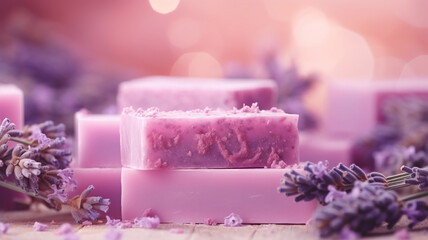 Artisanal handmade lavender soap bars arranged with fresh lavender sprigs on a rustic wooden table...