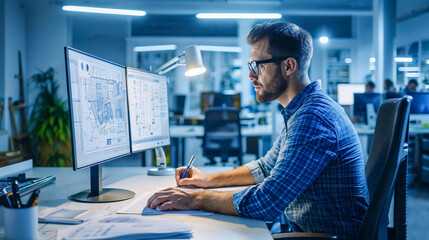 Design engineer in architecture working on a computer at his professional desk