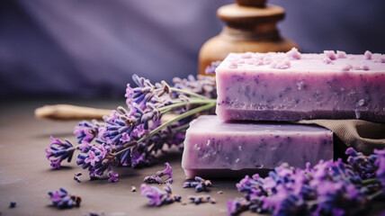 Obraz na płótnie Canvas Artisanal handmade lavender soap bars arranged with fresh lavender sprigs on a rustic wooden table copy space text banner.