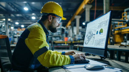 Architect, Civil Engineer Analyzing Blueprints on Computer in Industrial Environment

