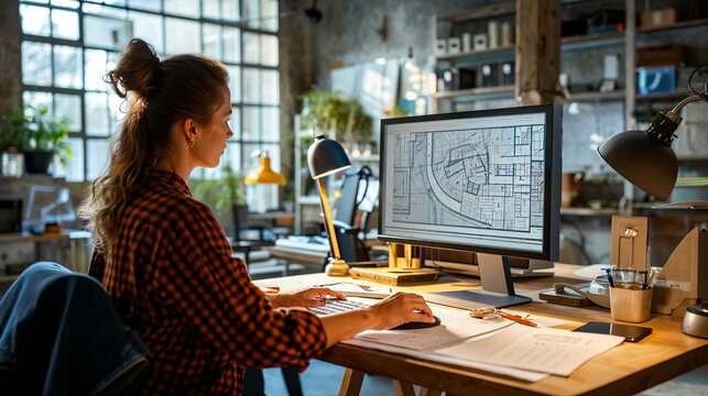 Architectural and engineering planning by a female professional at a computer desk.
