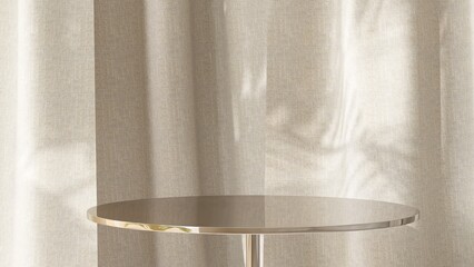 Shiny, modern round gold podium table with beige brown drapery curtain in background in sunlight, palm leaf shadow for luxury beauty, cosmetic, skincare, body care, fashion product display 3D
