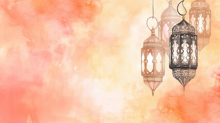 Arabic Ramadan lanterns and Islamic ornaments hand-drawn on a peach watercolor background for a free-copy-space Ramadan greeting card template