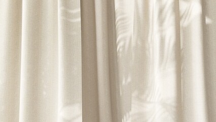 Close up of beige fabric drape curtain in morning sunlight with soft palm leaf foliage shadow for interior design decoration, product background, backdrop 3D