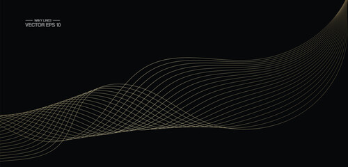 Abstract vector wavy lines flowing smooth curve gold gradient color on black background in concept of luxury, technology, science, music, modern.