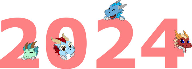Cartoon Happy Chinese New Year 2024, cute dragon zodiac character with 2024 number