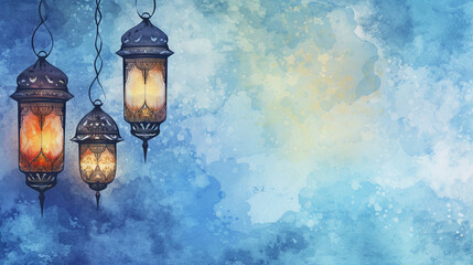 Hand-drawn Arabic Ramadan lanterns and Islamic ornaments grace a blue watercolor backdrop for a Ramadan greeting card template, offering free copy space