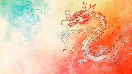 A hand-drawn sketch celebrates the Year of the Dragon in Chinese New Year 2024 on a watercolor background for a greeting card with free copy space