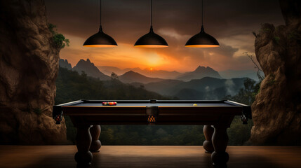 Billiard table against picturesque landscape of serene nature captures tranquil concentration of billiards game symbolizes fusion of strategic pool gameplay with calming influence of outdoors