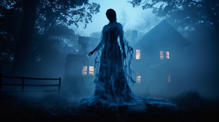 Mysterious female ghost silhouette veiled in translucent fabric emerges from fog in backyard creating an otherworldly ambiance and aura of ghostly mystique, scary ghost of dead relative at night - obrazy, fototapety, plakaty