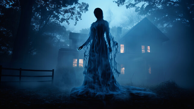 Mysterious female ghost silhouette veiled in translucent fabric emerges from fog in backyard creating an otherworldly ambiance and aura of ghostly mystique, scary ghost of dead relative at night