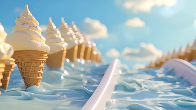A line of ice cream cones waiting in line to go down a water slide made of melted ice cream. One cone at the top is hesitantly looking down while the others encourage it to