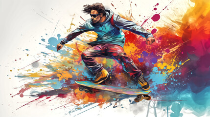 A skateboarder is riding a skateboard with colorful splashes pai