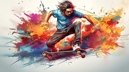 A skateboarder is riding a skateboard with colorful splashes pai - obrazy, fototapety, plakaty