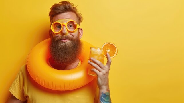 Bearded man with yellow sunglasses holding an orange beverage while in a pool float.