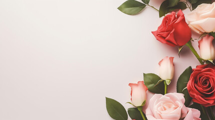 Border of pink and red roses on pastel beige background with copy space for text, vintage flowers invitation greeting card mockup, template for wedding and romantic anniversary celebration concepts.