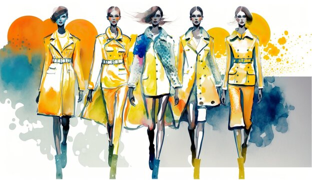 rainwear fashion show, clothes made from patent, plastic and latex material, autumn, fall clothing, abstract colorful illustration