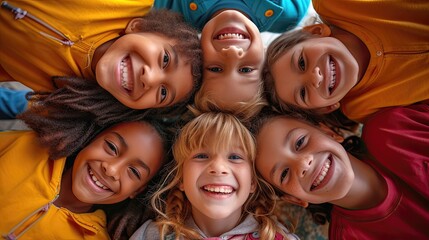 Group of happy children lying down in a circle, looking up and smiling.