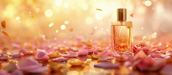 Transparent Perfume bottle with pink rose gold petals on blur bokeh background. Generated AI image - obrazy, fototapety, plakaty