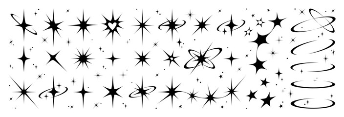 Y2k star sparkle bling abstract tattoo shapes. Simple minimal geometric signs in retro 2000s style.