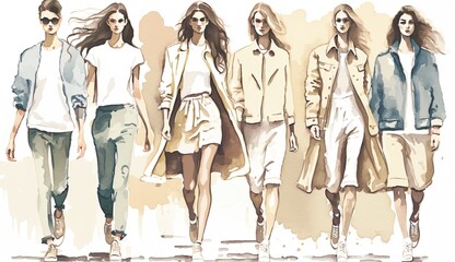 runway fashion show, young models present casual summer fashion, abstract watercolor illustration 