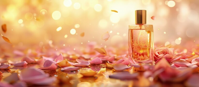 Transparent Perfume bottle with pink rose gold petals on blur bokeh background. Generated AI image