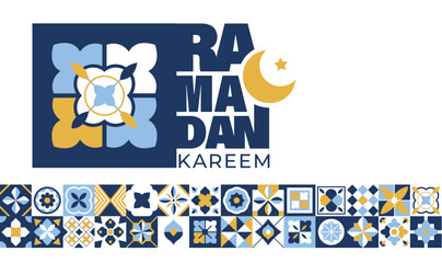 Islamic festival poster background design in flat geometric style, arabic calligraphy, crescent moon and lantern. Suitable for Ramadan Kareem , Hari Raya, Eid Mubarak, Eid al Adha.